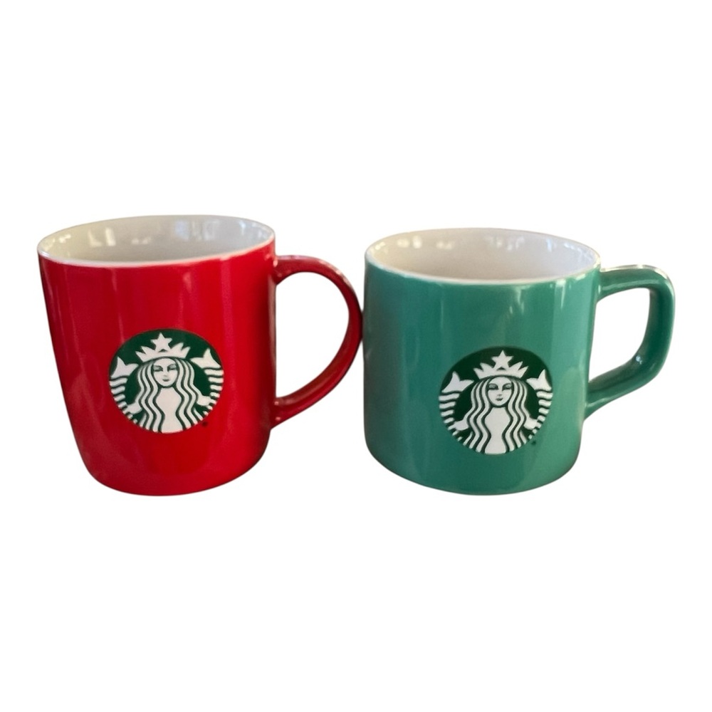 2 Starbucks Coffee MUGS - Ceramic 2021 Green & Red w/siren logo 11 Oz
